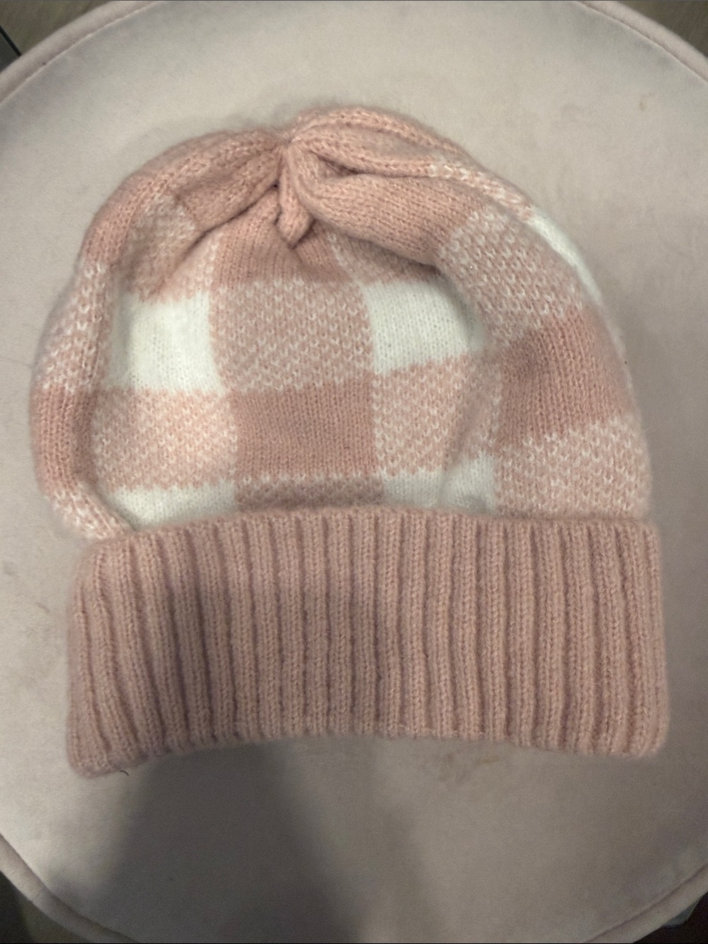 Women's Pink & White Plaid Knit Beanie